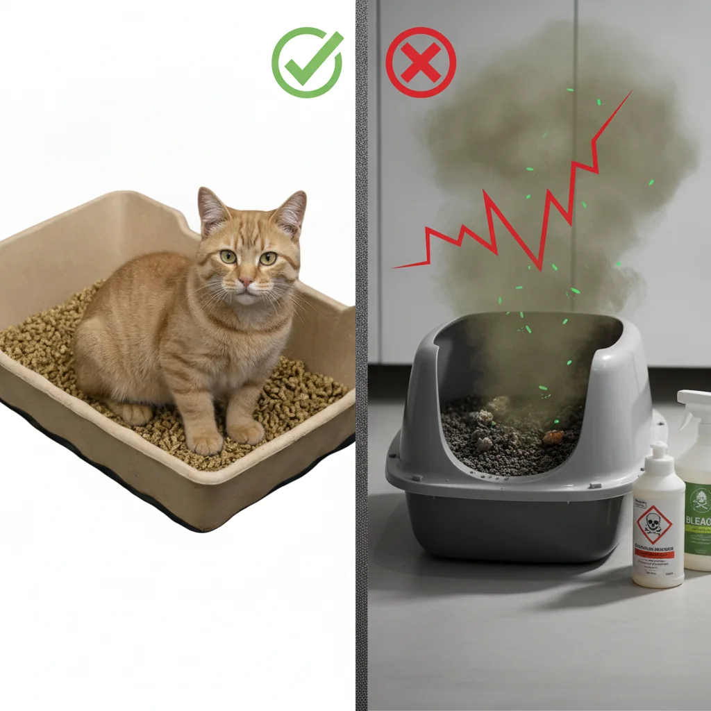 A cat in a clean EcoPetBox recycled paper tray versus a plastic tray with chemical fumes and bleach residue
