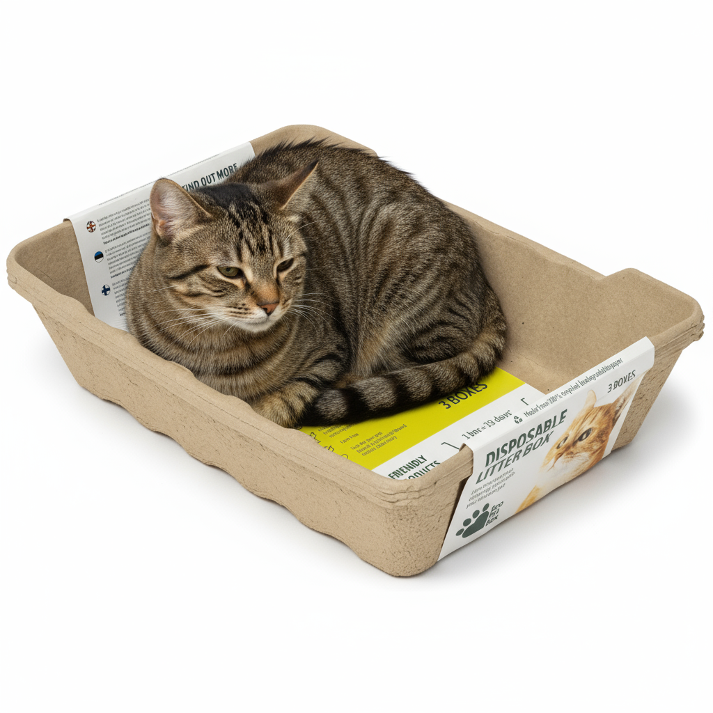 Gatto tigrato che riposa in una vaschetta usa e getta biodegradabile EcoPetBox