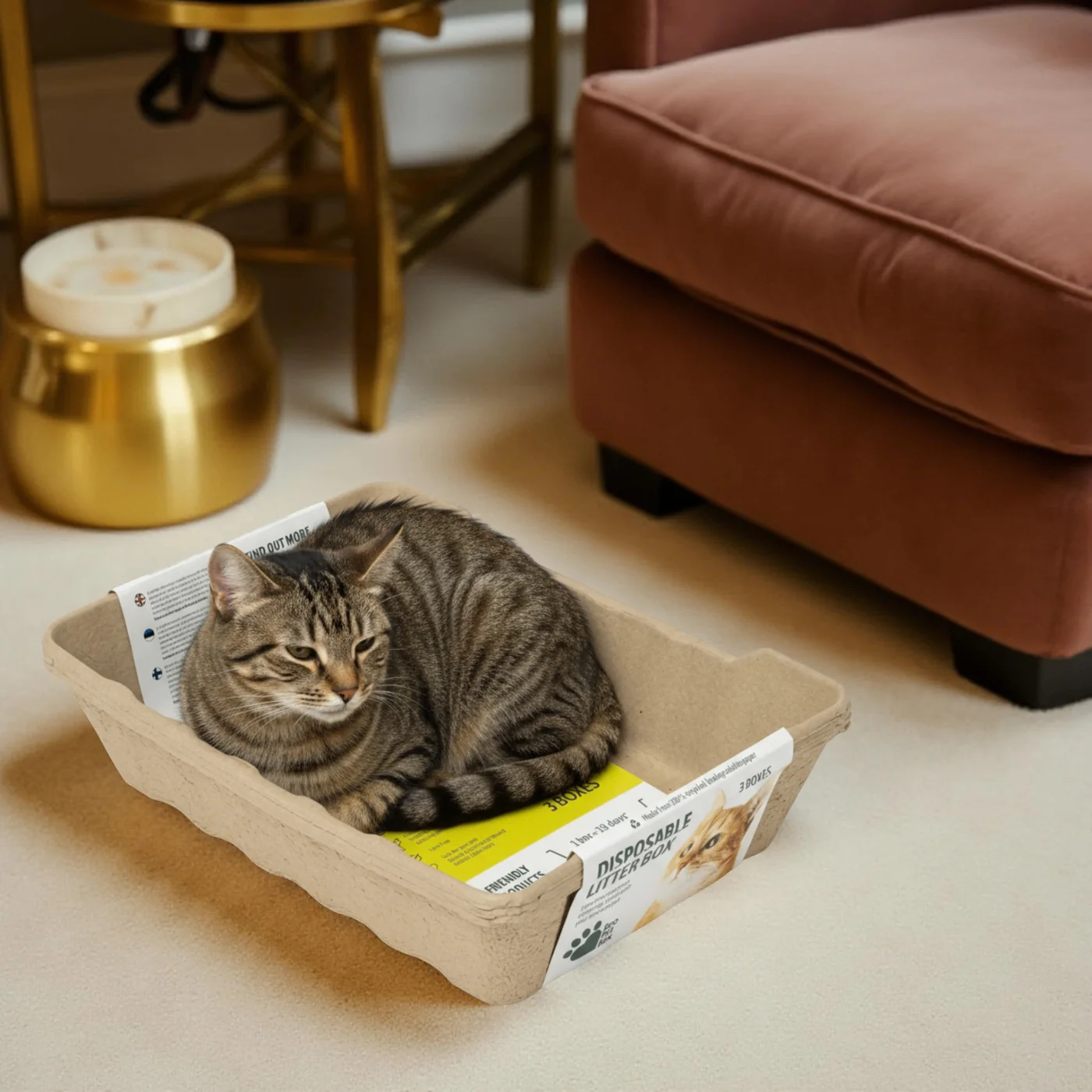 A relaxed cat sitting in an EcoPetBox recycled paper litter tray