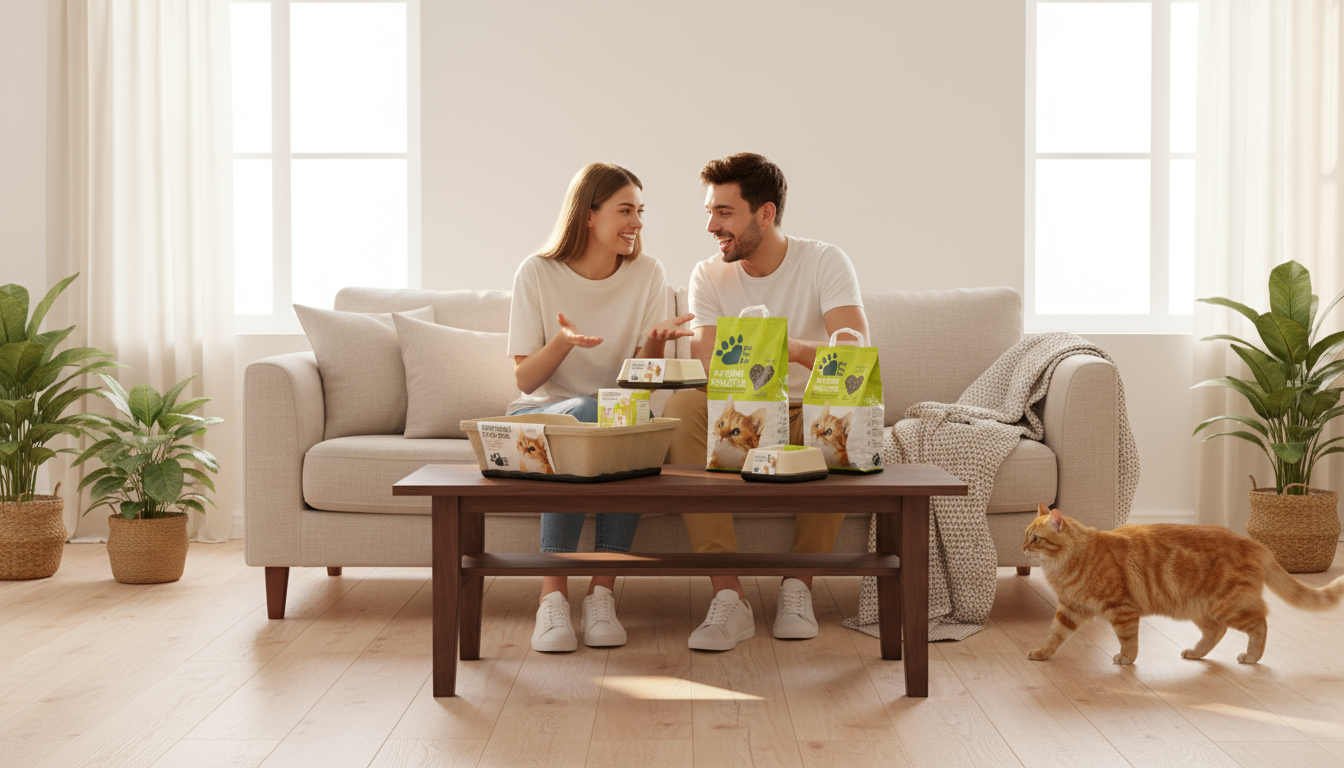 A couple relaxing at home with EcoPetBox trays and cat litter products on the coffee table, while a cat walks by