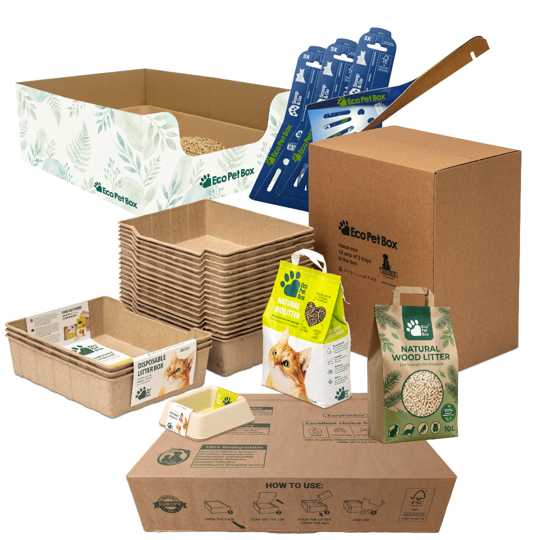 EcoPetBox complete pet care set with litter tray, bowls, scoops and natural wood litter