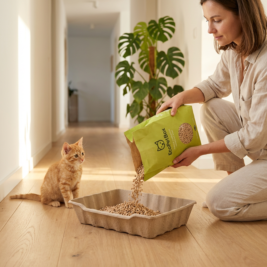 A woman pouring natural litter into an EcoPetBox disposable tray while a ginger kitten watches in a bright hallway