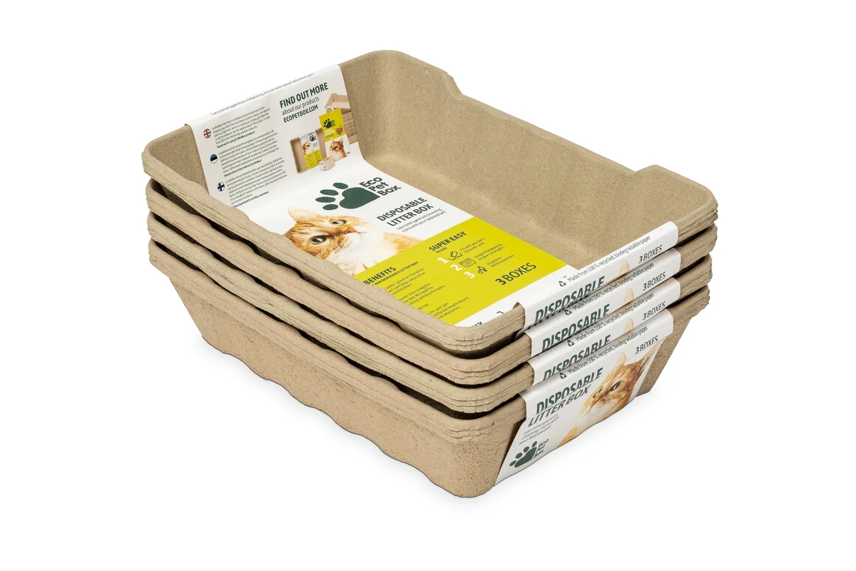 Stack of EcoPetBox disposable recycled paper litter boxes
