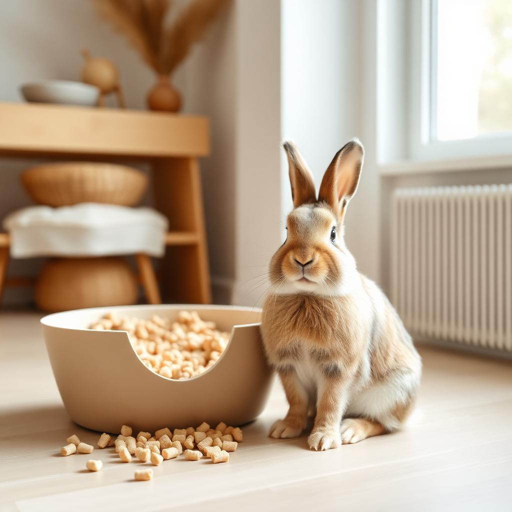Lapin assis à côté d'un bac EcoPetBox en pulpe de papier avec une litière naturelle en pellets de bois