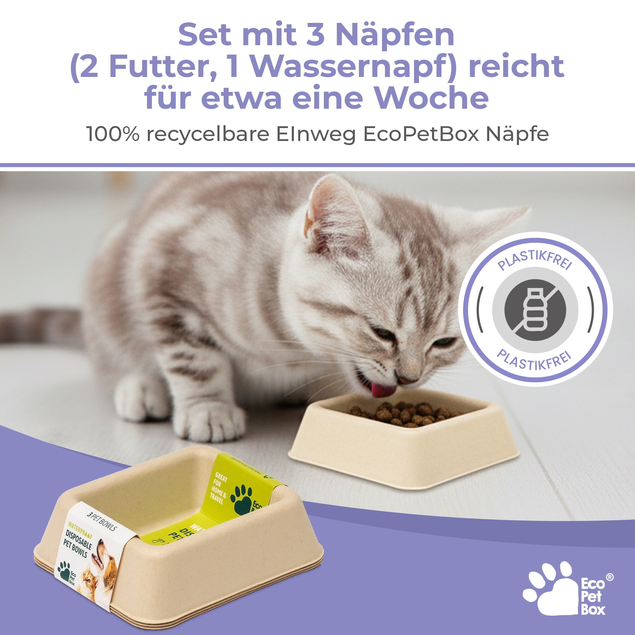 Komplettset Recyclebare-Katzentoiletten 3/6st + 5/10kg Streu oder 3 Näpfe + 3/6 Schaufeln. 100% biologisch abbaubar. Praktisch, hygienisch und geruchsfrei