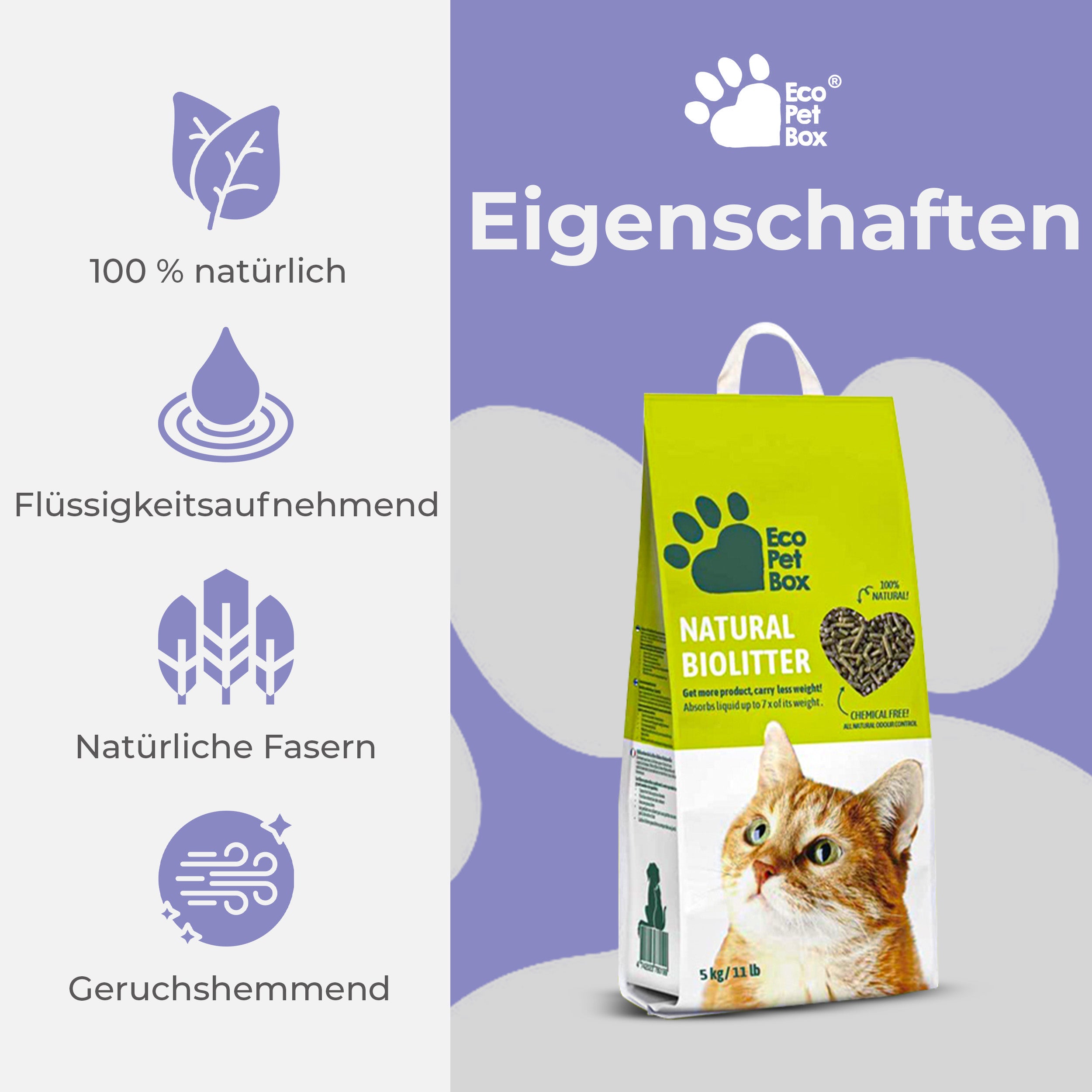 Komplettset Recyclebare-Katzentoiletten 3/6st + 5/10kg Streu oder 3 Näpfe + 3/6 Schaufeln. 100% biologisch abbaubar. Praktisch, hygienisch und geruchsfrei