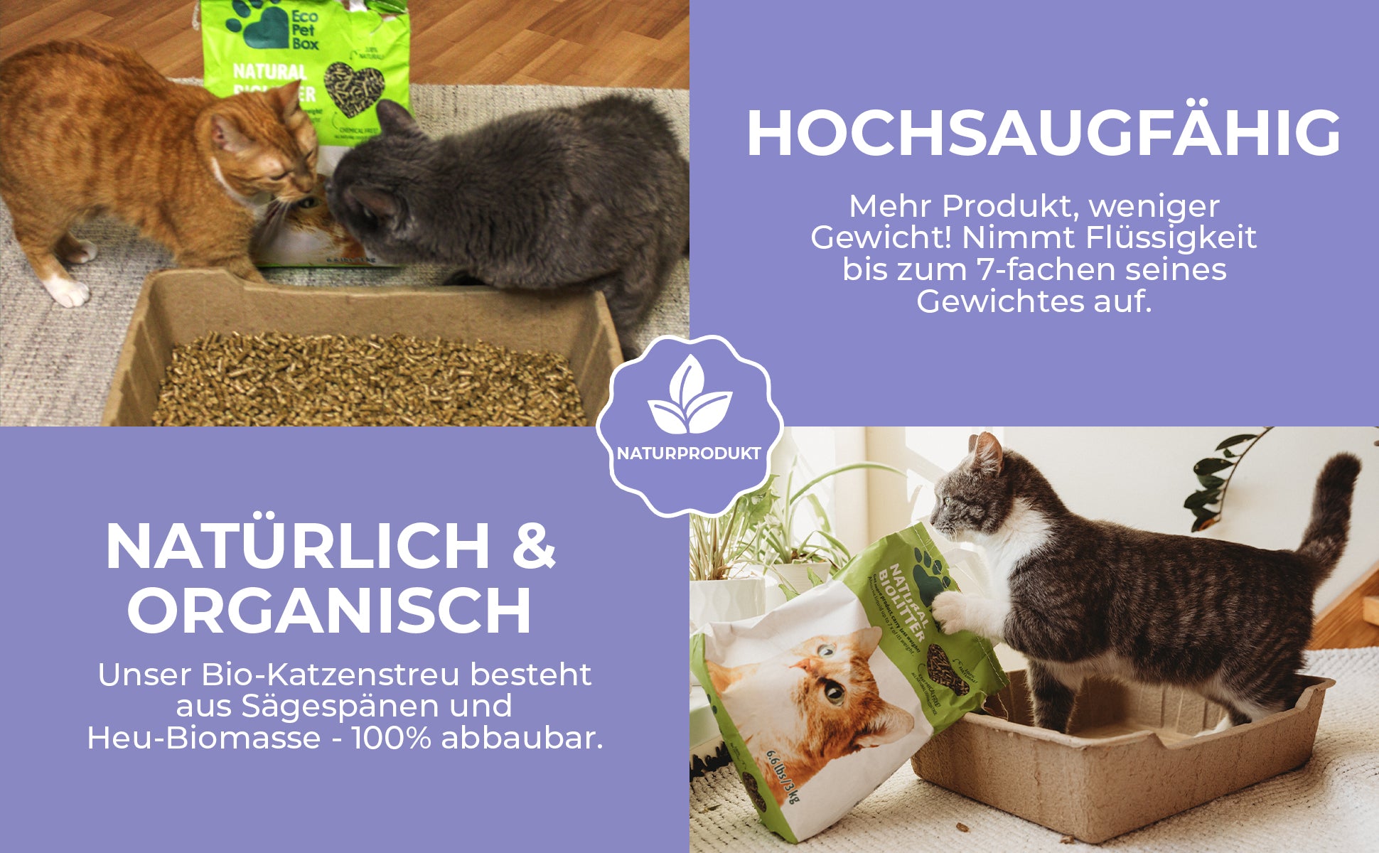 Komplettset Recyclebare-Katzentoiletten 3/6st + 5/10kg Streu oder 3 Näpfe + 3/6 Schaufeln. 100% biologisch abbaubar. Praktisch, hygienisch und geruchsfrei