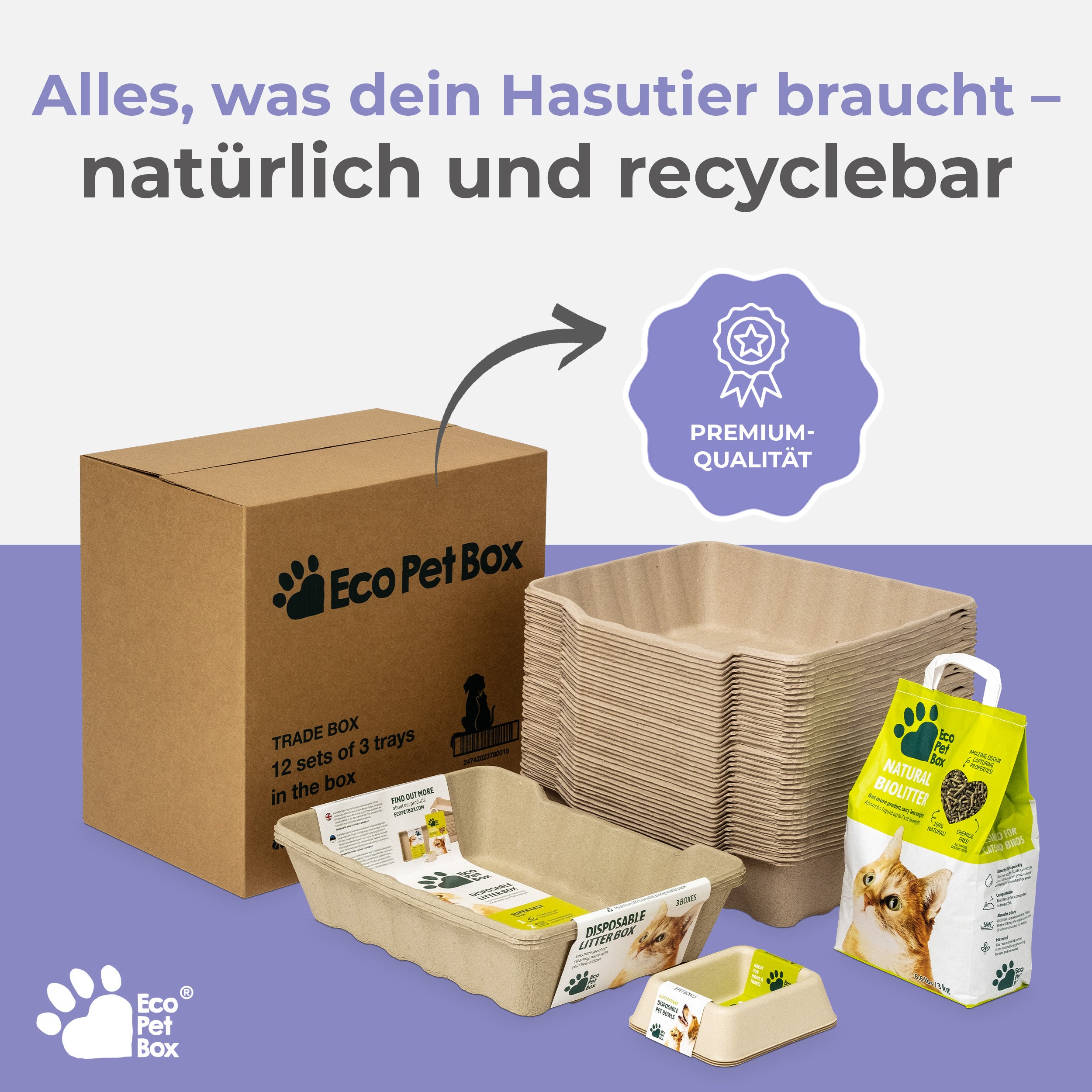 Komplettset Recyclebare-Katzentoiletten 3/6st + 5/10kg Streu oder 3 Näpfe + 3/6 Schaufeln. 100% biologisch abbaubar. Praktisch, hygienisch und geruchsfrei