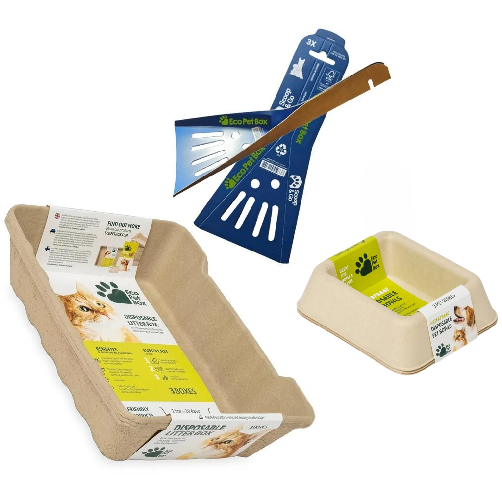 Komplettset Recyclebare-Katzentoiletten 3/6st + 5/10kg Streu oder 3 Näpfe + 3/6 Schaufeln. 100% biologisch abbaubar. Praktisch, hygienisch und geruchsfrei