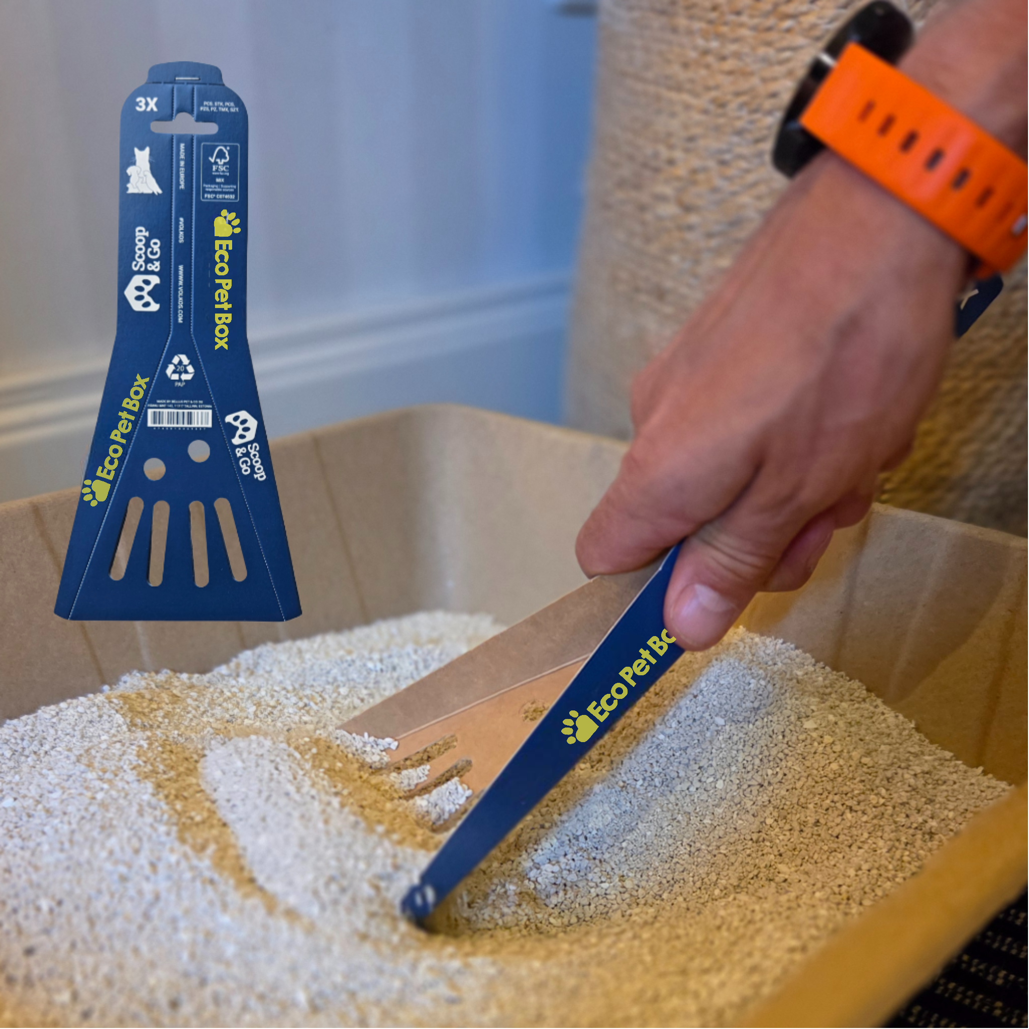 Komplettset Recyclebare-Katzentoiletten 3/6st + 5/10kg Streu oder 3 Näpfe + 3/6 Schaufeln. 100% biologisch abbaubar. Praktisch, hygienisch und geruchsfrei