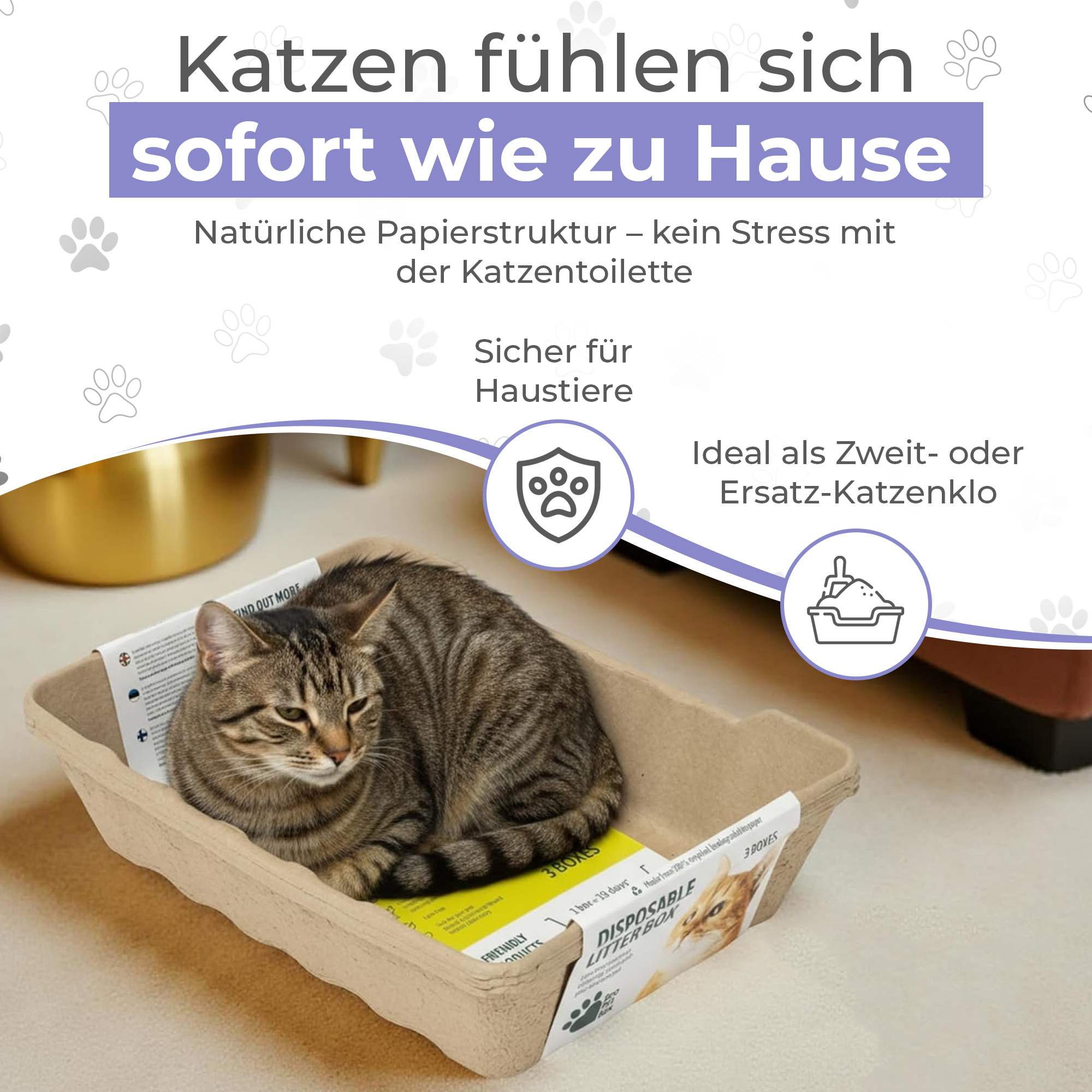 Komplettset Recyclebare-Katzentoiletten 3/6st + 5/10kg Streu oder 3 Näpfe + 3/6 Schaufeln. 100% biologisch abbaubar. Praktisch, hygienisch und geruchsfrei