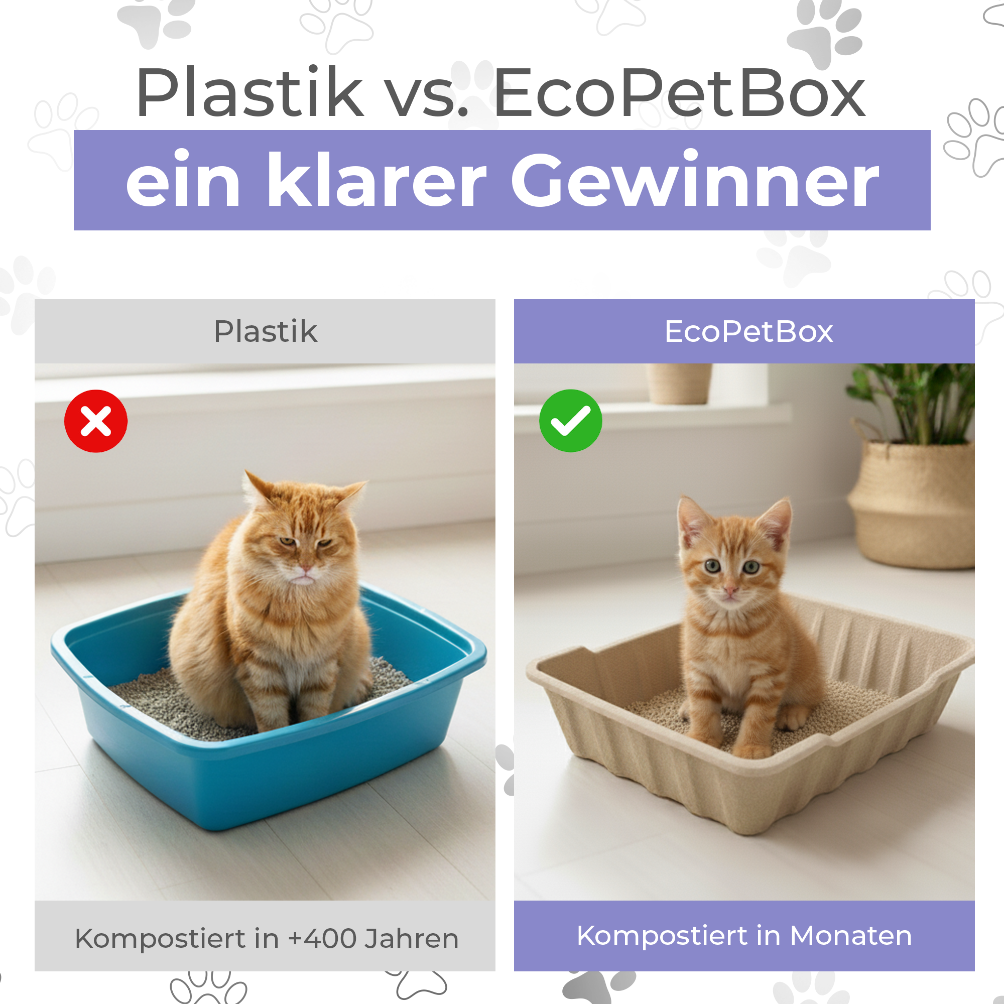 Komplettset Recyclebare-Katzentoiletten 3/6st + 5/10kg Streu oder 3 Näpfe + 3/6 Schaufeln. 100% biologisch abbaubar. Praktisch, hygienisch und geruchsfrei
