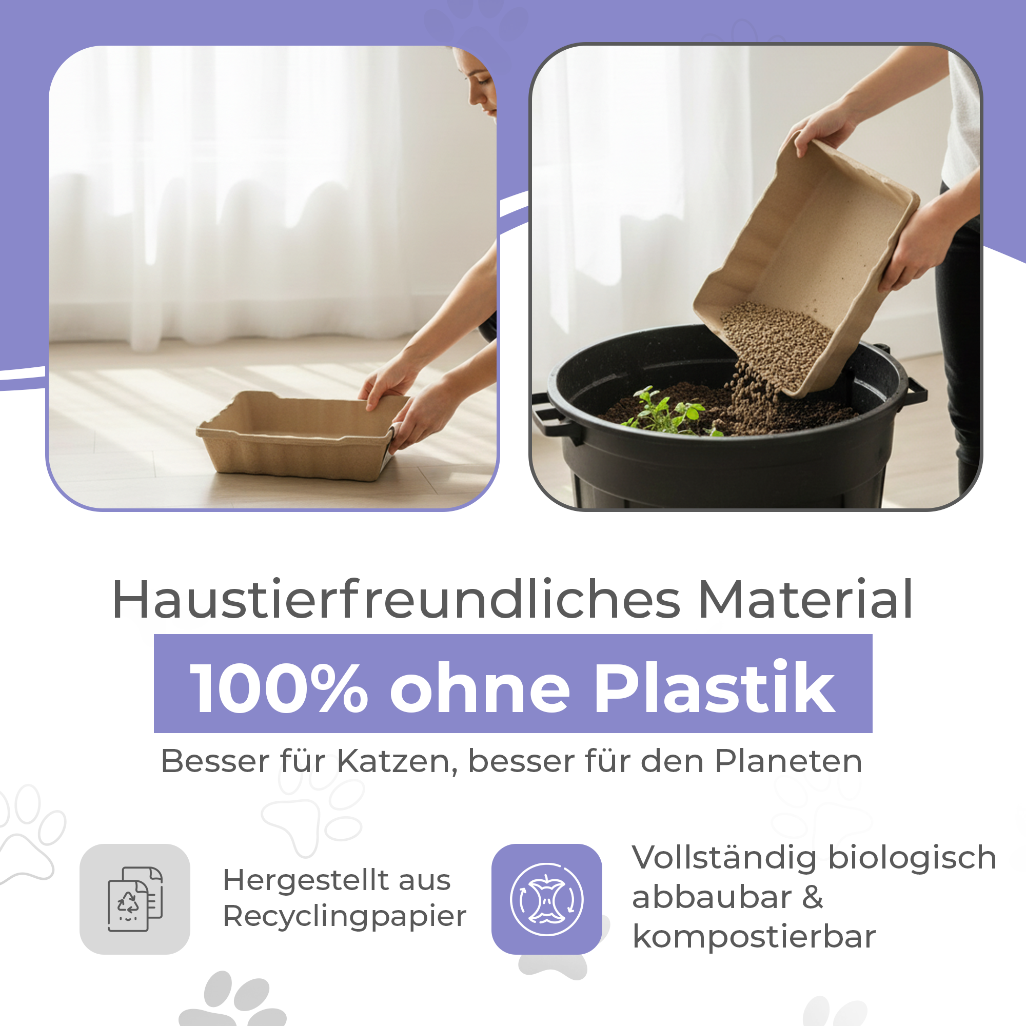Komplettset Recyclebare-Katzentoiletten 3/6st + 5/10kg Streu oder 3 Näpfe + 3/6 Schaufeln. 100% biologisch abbaubar. Praktisch, hygienisch und geruchsfrei