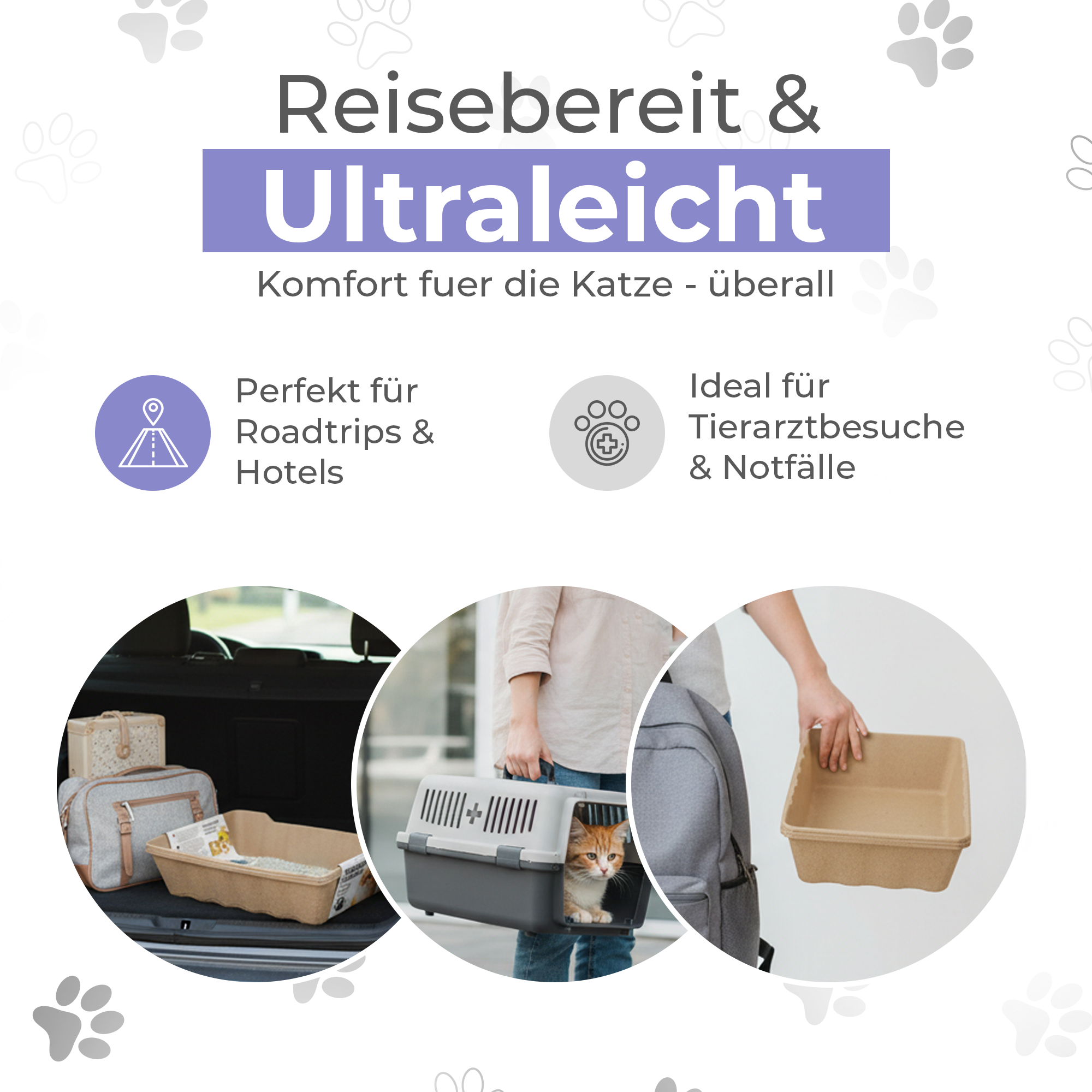 Komplettset Recyclebare-Katzentoiletten 3/6st + 5/10kg Streu oder 3 Näpfe + 3/6 Schaufeln. 100% biologisch abbaubar. Praktisch, hygienisch und geruchsfrei