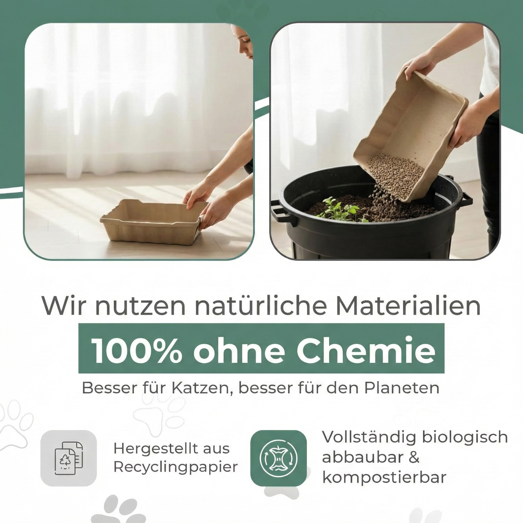 Sparpaket: Recyclebares Katzenpflege Set – Katzentoilette / Streu / Näpfe / Schaufeln