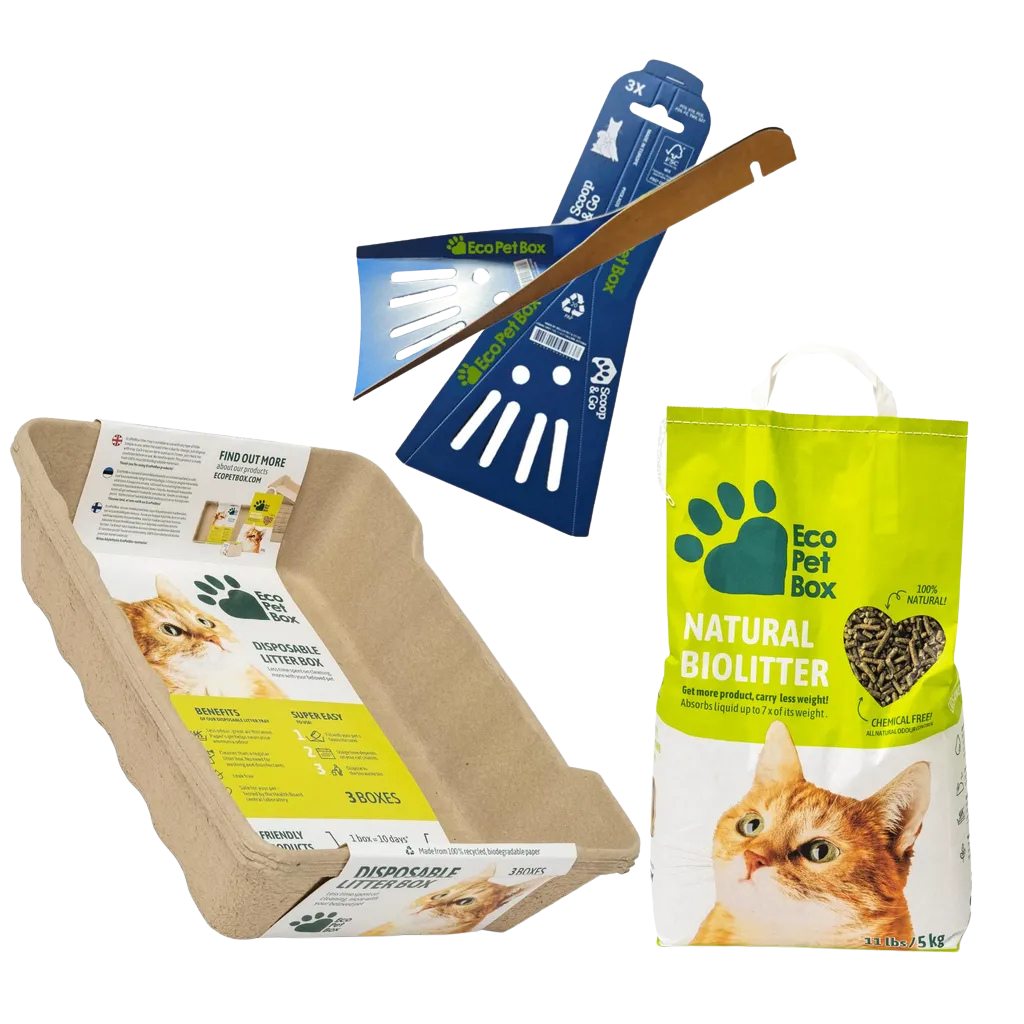 Sparpaket: Recyclebares Katzenpflege Set – Katzentoilette / Streu / Näpfe / Schaufeln