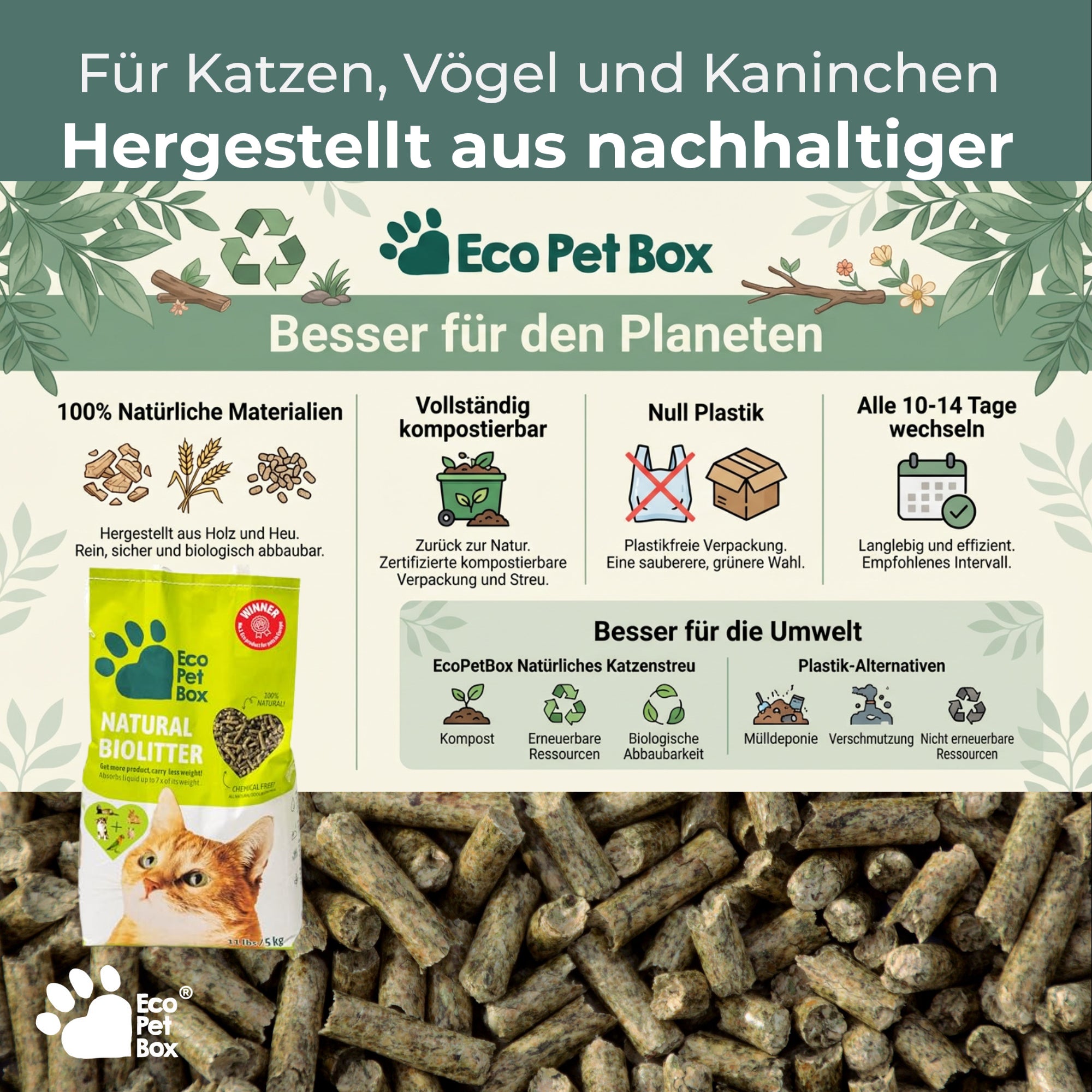 Katzenstreu - Kompostierbare Mischung aus Holz und Heu, 100% natuerlich!