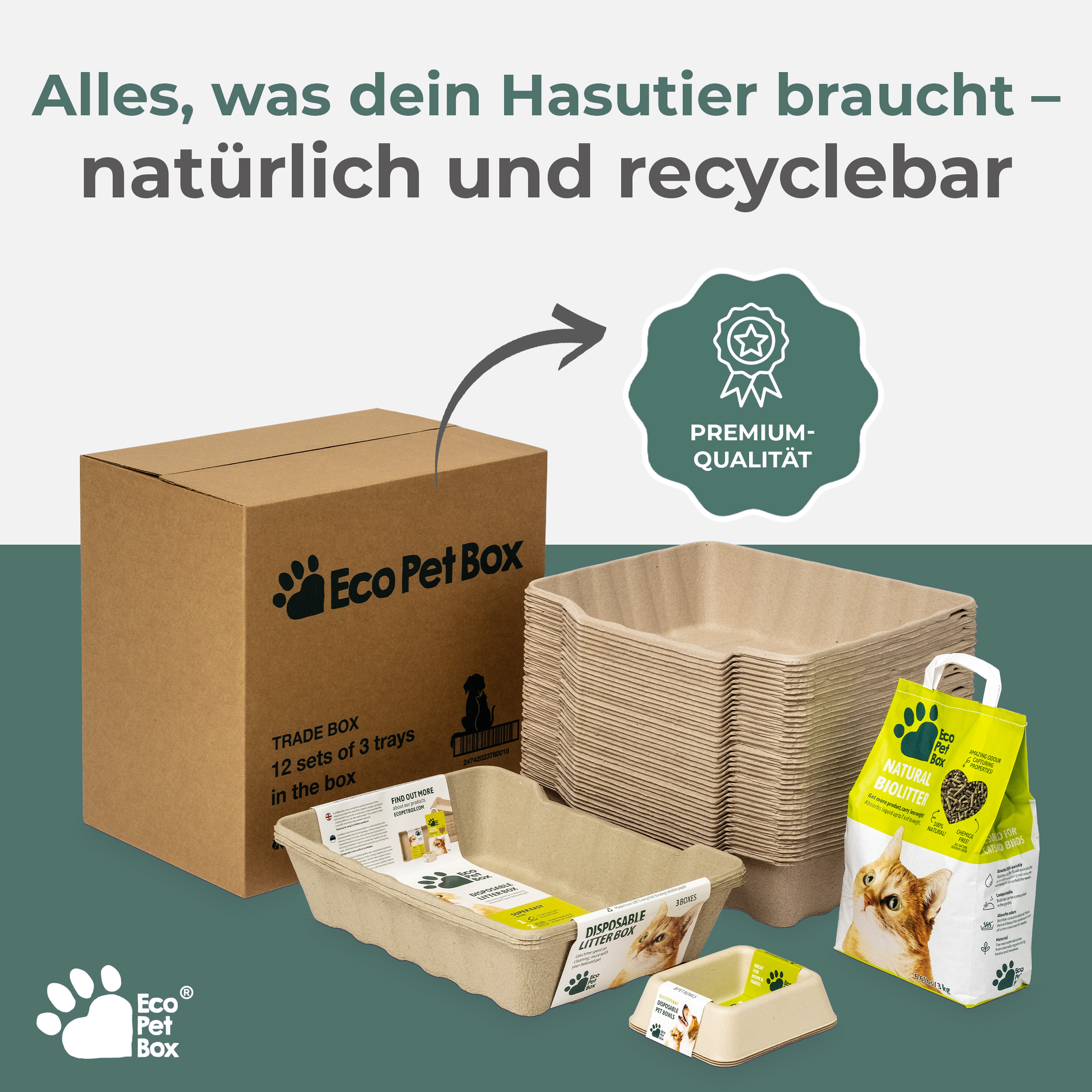 Sparpaket: Recyclebares Katzenpflege Set – Katzentoilette / Streu / Näpfe / Schaufeln